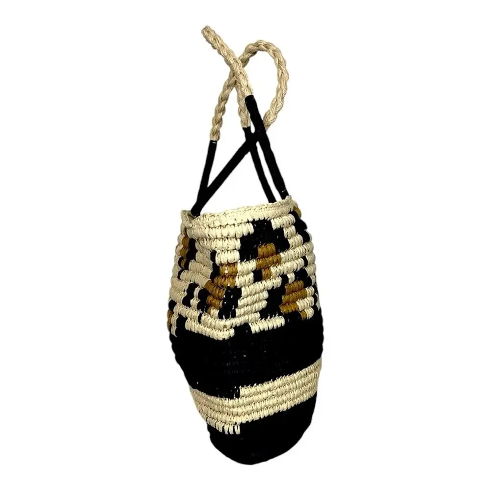 Women’s Tote Bag Woven Braided Casual Zip Closure Black Natural Size Large